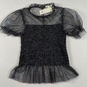 Miami Francesca's Smocked Sparkle Top‎ Ruffle Neck Puff Sleeve Party Blouse XS